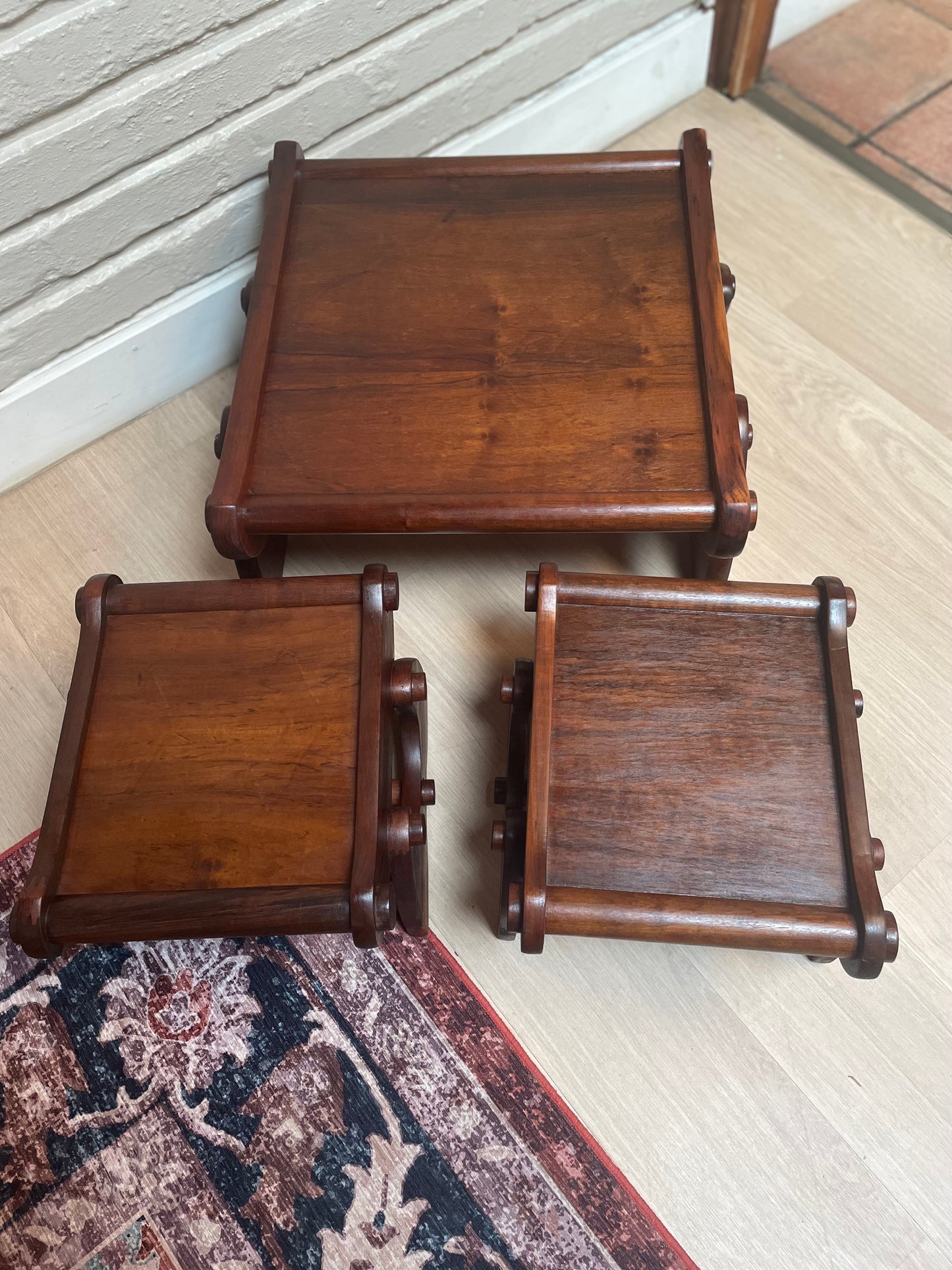 Imbuia Revival Set — Two Footstools & Coffee Table