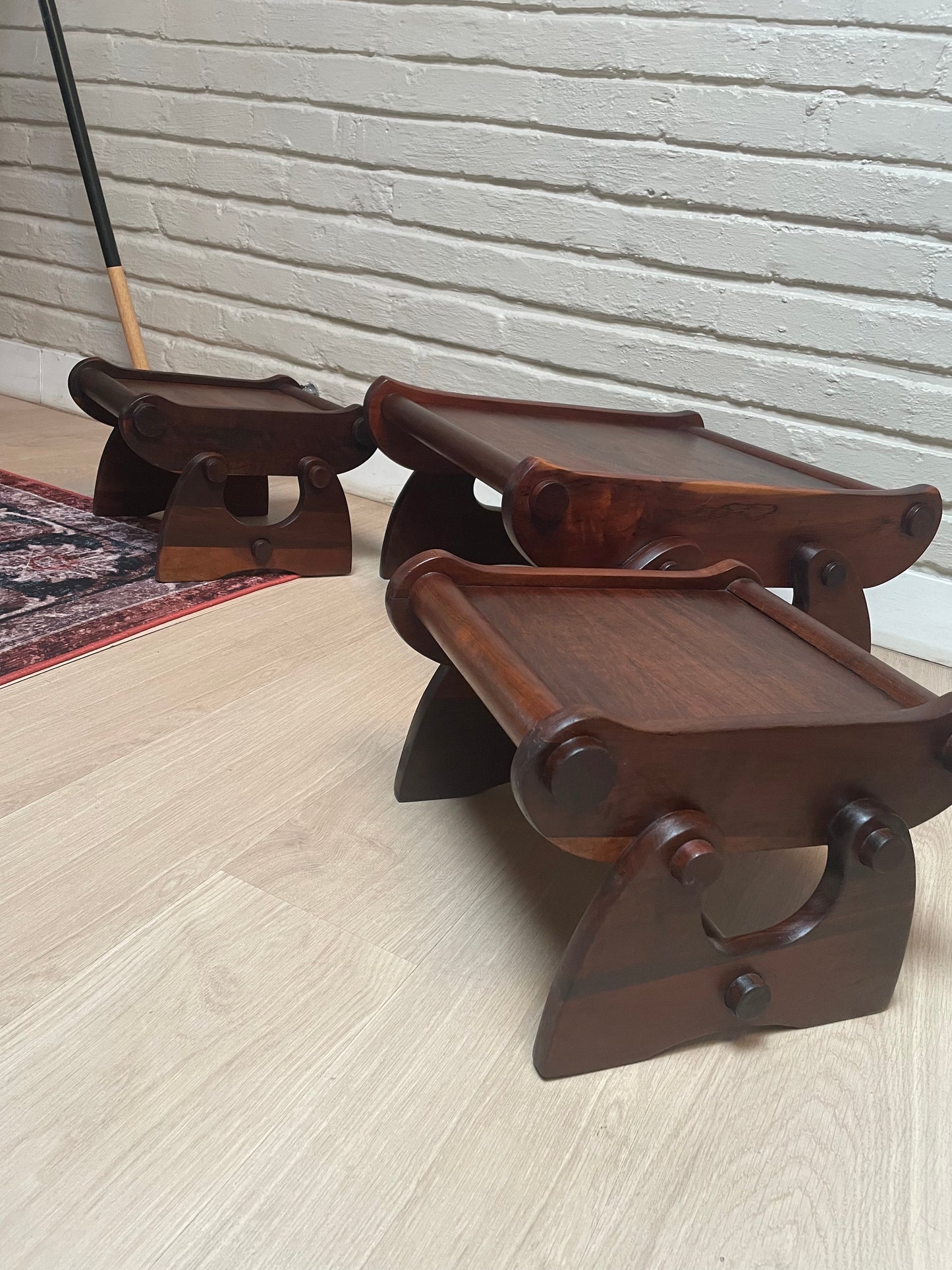 Imbuia Revival Set — Two Footstools & Coffee Table