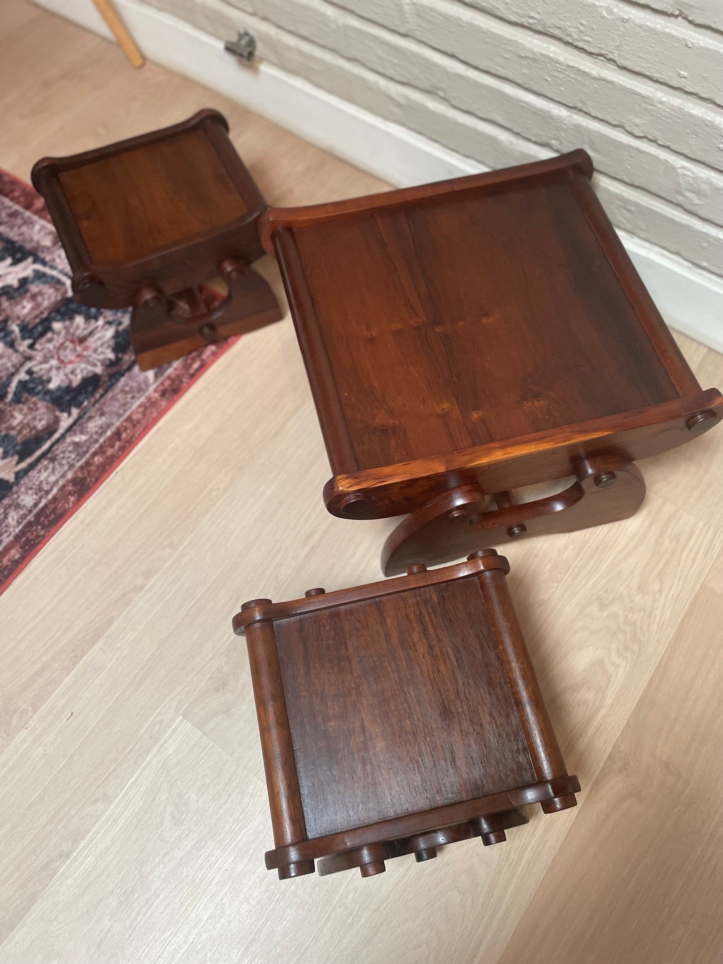 Imbuia Revival Set — Two Footstools & Coffee Table